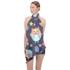 Owl Stars Pattern Background Halter Asymmetric Satin Top by Vaneshart