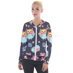 Owl Stars Pattern Background Velour Zip Up Jacket