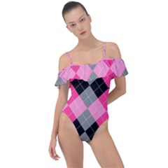 Seamless-argyle-pattern Frill Detail One Piece Swimsuit by Vaneshart