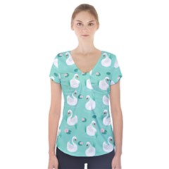 Elegant-swan-seamless-pattern Short Sleeve Front Detail Top by Vaneshart