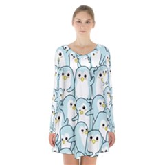 Penguins Pattern Long Sleeve Velvet V-neck Dress