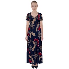 Christmas Pattern With Snowflakes Berries High Waist Short Sleeve Maxi Dress