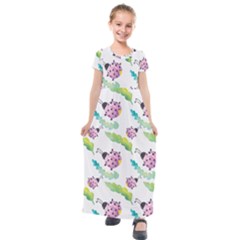 Watercolor Pattern With Lady Bug Kids  Short Sleeve Maxi Dress