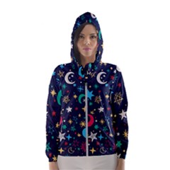 Colorful-background-moons-stars Women s Hooded Windbreaker by Vaneshart