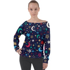 Colorful-background-moons-stars Off Shoulder Long Sleeve Velour Top by Vaneshart
