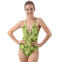 Seamless pattern with green leaves Halter Cut-Out One Piece Swimsuit