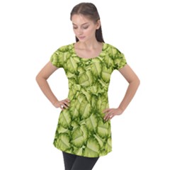 Seamless pattern with green leaves Puff Sleeve Tunic Top