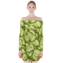 Seamless pattern with green leaves Long Sleeve Off Shoulder Dress