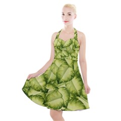 Seamless pattern with green leaves Halter Party Swing Dress 