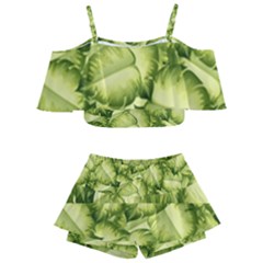 Seamless pattern with green leaves Kids  Off Shoulder Skirt Bikini