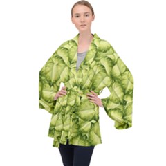 Seamless pattern with green leaves Long Sleeve Velvet Kimono 