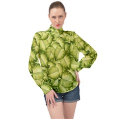 Seamless pattern with green leaves High Neck Long Sleeve Chiffon Top