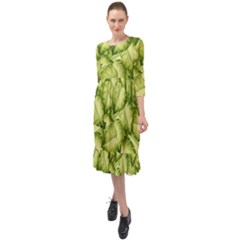 Seamless pattern with green leaves Ruffle End Midi Chiffon Dress