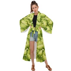 Seamless pattern with green leaves Maxi Kimono