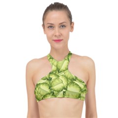 Seamless pattern with green leaves High Neck Bikini Top