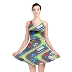 Urban-cars-seamless-texture-isometric-roads-car-traffic-seamless-pattern-with-transport-city-vector- Reversible Skater Dress