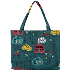 Seamless-pattern-hand-drawn-with-vehicles-buildings-road Mini Tote Bag