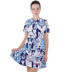 Dogs-seamless-pattern Short Sleeve Shoulder Cut Out Dress  by Vaneshart