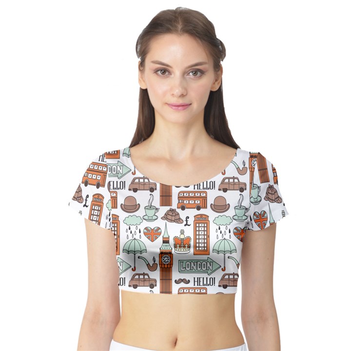 Seamless-pattern-with-london-elements-landmarks Short Sleeve Crop Top