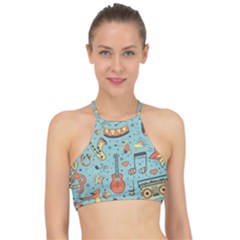 Seamless-pattern-musical-instruments-notes-headphones-player Racer Front Bikini Top