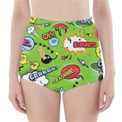 Modern-comics-background-pattern-with-bombs-lightening-jagged-clouds-speech-bubbles High-waisted Bikini Bottoms by Vaneshart