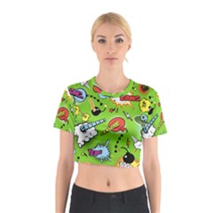 Modern-comics-background-pattern-with-bombs-lightening-jagged-clouds-speech-bubbles Cotton Crop Top by Vaneshart