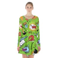 Modern-comics-background-pattern-with-bombs-lightening-jagged-clouds-speech-bubbles Long Sleeve Velvet V-neck Dress