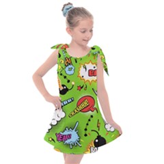 Modern-comics-background-pattern-with-bombs-lightening-jagged-clouds-speech-bubbles Kids  Tie Up Tunic Dress by Vaneshart