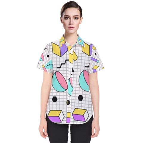 Tridimensional-pastel-shapes-background-memphis-style Women s Short Sleeve Shirt by Vaneshart