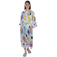 Tridimensional-pastel-shapes-background-memphis-style Maxi Satin Kimono by Vaneshart