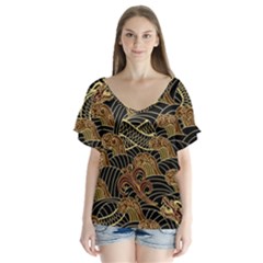 Oriental-traditional-seamless-pattern V-neck Flutter Sleeve Top by Vaneshart