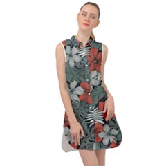 Seamless-floral-pattern-with-tropical-flowers Sleeveless Shirt Dress