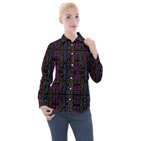 Neon Geometric Seamless Pattern Women s Long Sleeve Pocket Shirt by dflcprintsclothing
