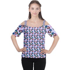 Goth Girl In Blue Dress Lilac Pattern Cutout Shoulder Tee