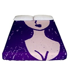 Purple Cat Ear Hat Girl Floral Wall Fitted Sheet (Queen Size)