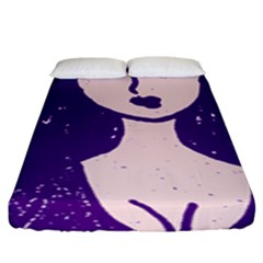 Purple Cat Ear Hat Girl Floral Wall Fitted Sheet (King Size)