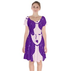 Purple Cat Ear Hat Girl Floral Wall Short Sleeve Bardot Dress