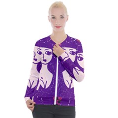 Purple Cat Ear Hat Girl Floral Wall Casual Zip Up Jacket