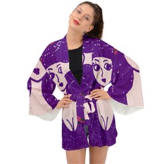 Purple Cat Ear Hat Girl Floral Wall Long Sleeve Kimono by snowwhitegirl