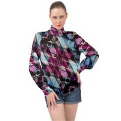 Matrix Grunge Print High Neck Long Sleeve Chiffon Top