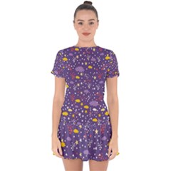 Pattern cute clouds stars Drop Hem Mini Chiffon Dress