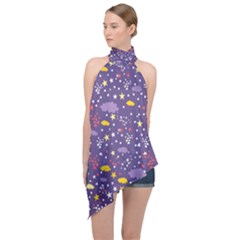 Pattern cute clouds stars Halter Asymmetric Satin Top