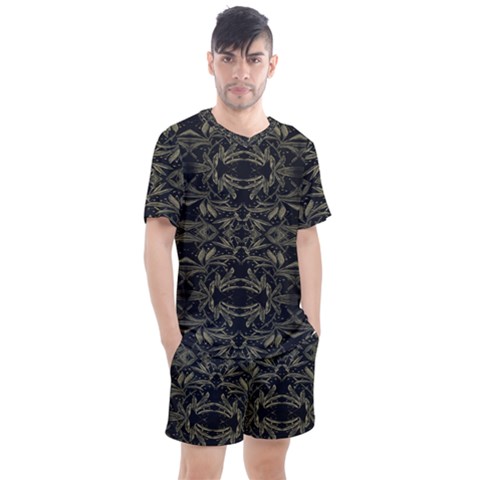 Stylized Golden Ornate Nature Motif Print Men s Mesh Tee And Shorts Set by dflcprintsclothing