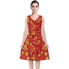 Seamless pattern slavic folk style V-Neck Midi Sleeveless Dress 