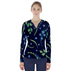 Abstract Wildflowers Dark Blue Background-blue Flowers Blossoms Flat Retro Seamless Pattern Daisy V-neck Long Sleeve Top