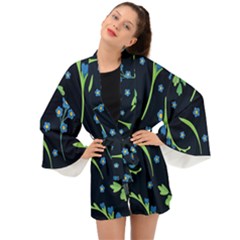 Abstract Wildflowers Dark Blue Background-blue Flowers Blossoms Flat Retro Seamless Pattern Daisy Long Sleeve Kimono