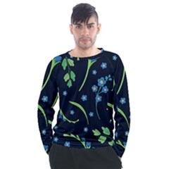 Abstract Wildflowers Dark Blue Background-blue Flowers Blossoms Flat Retro Seamless Pattern Daisy Men s Long Sleeve Raglan Tee