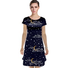 Hand Drawn Scratch Style Night Sky With Moon Cloud Space Among Stars Seamless Pattern Vector Design  Cap Sleeve Nightdress