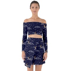 Hand Drawn Scratch Style Night Sky With Moon Cloud Space Among Stars Seamless Pattern Vector Design  Off Shoulder Top With Skirt Set by BangZart