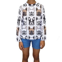 Dog French Bulldog Seamless Pattern Face Head Kids  Long Sleeve Swimwear